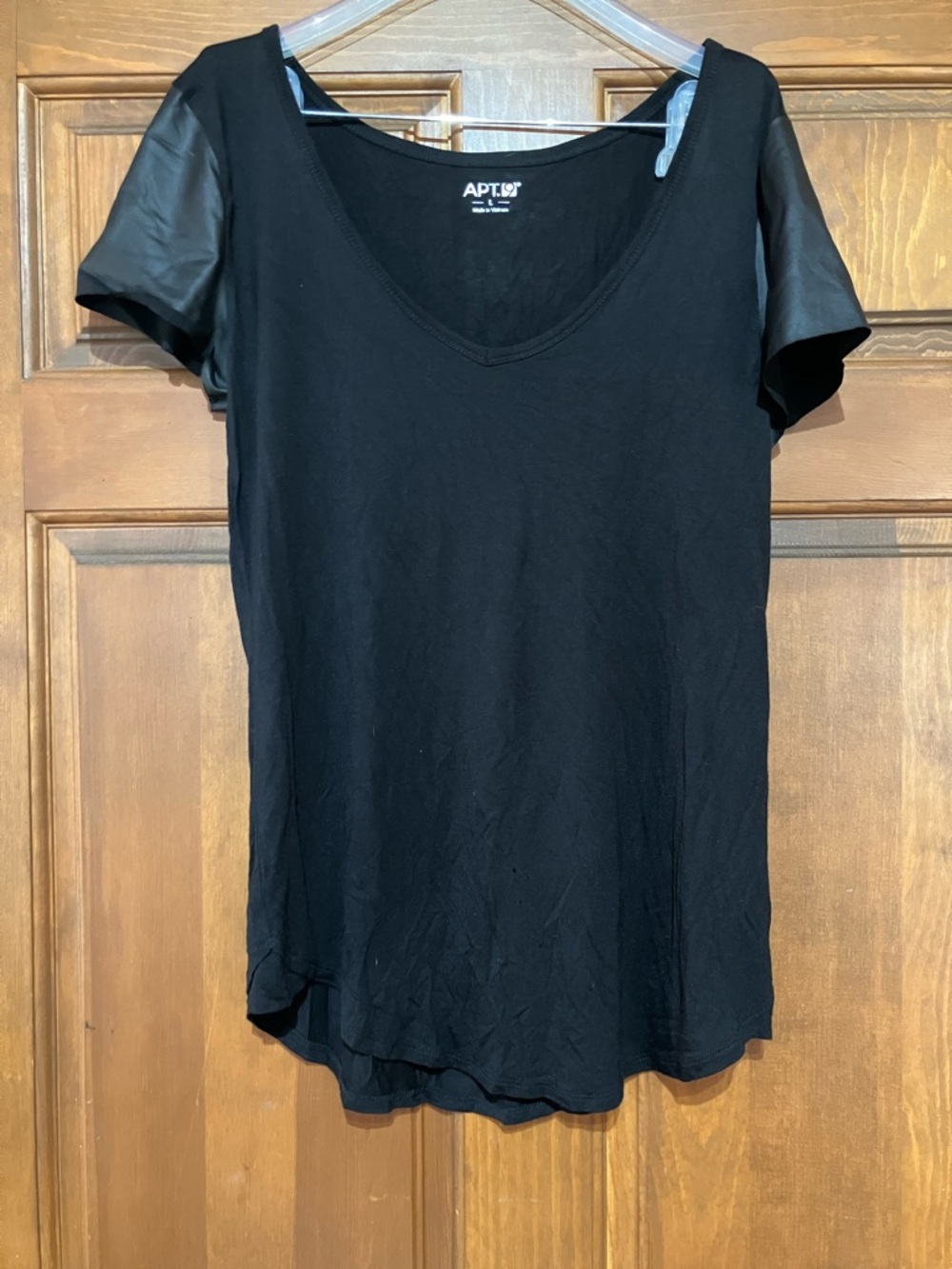 Apt. 9 Black V-Neck Top with Faux Leather Short Sleeves